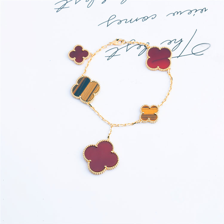 [Auream]CLOVER BRACELET 5 MOTIFS CARNELIAN TIGER EYE