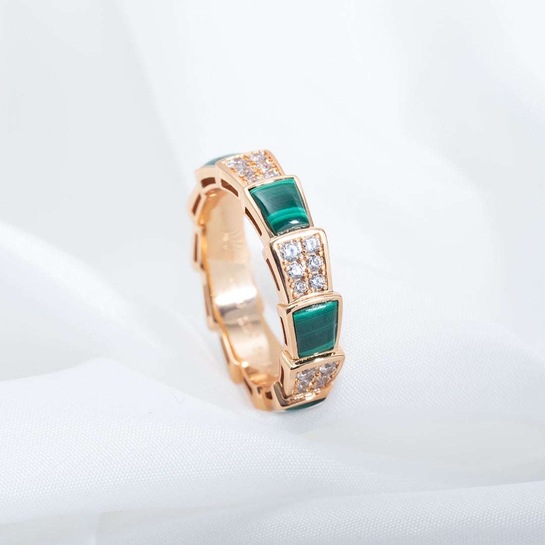 [Auream]SERPENTI RING PINK GOLD MALACHITE DIAMOND PAVED 4MM