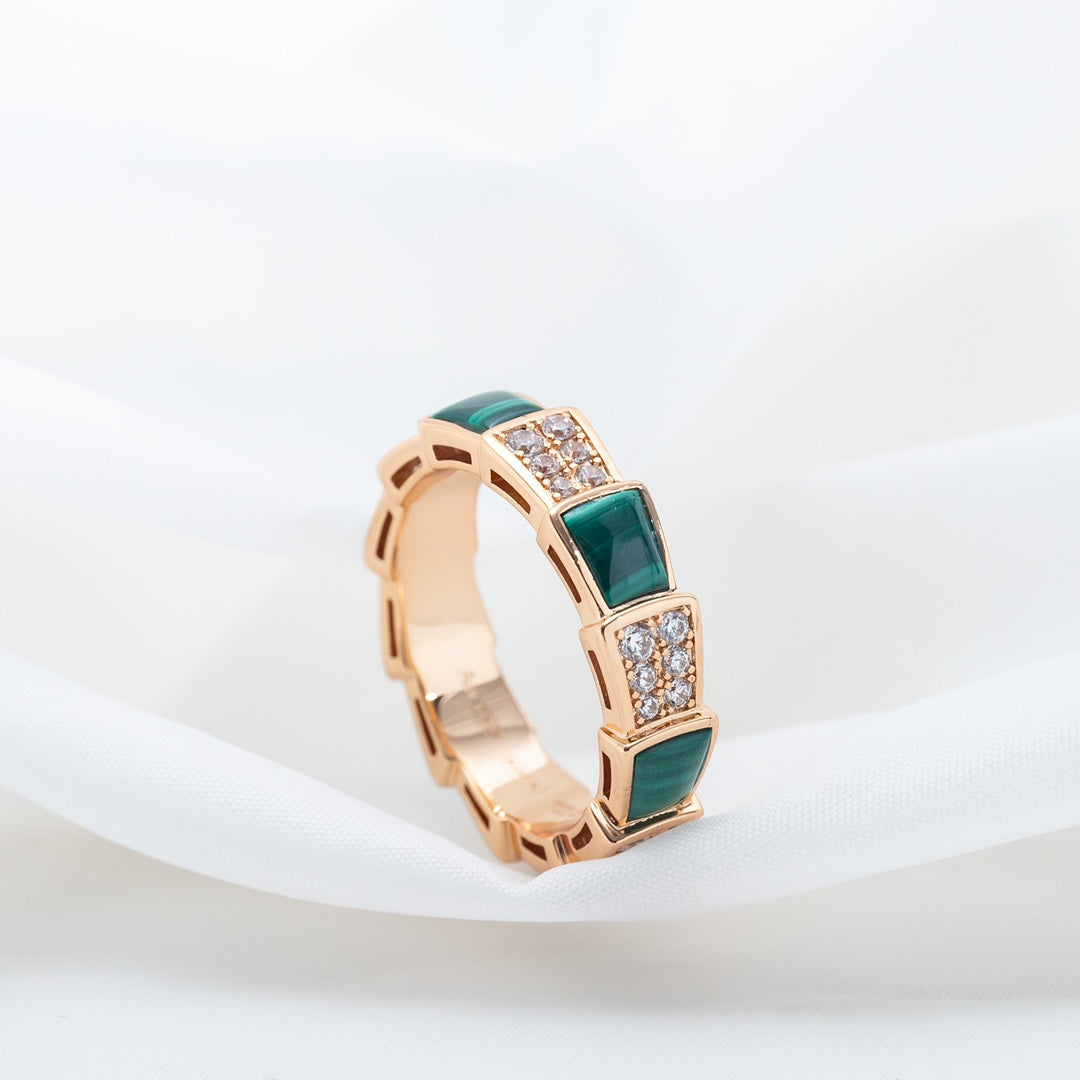 [Auream]SERPENTI RING PINK GOLD MALACHITE DIAMOND PAVED 4MM