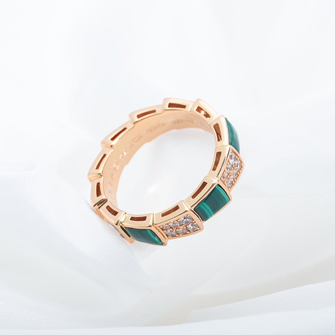 [Auream]SERPENTI RING PINK GOLD MALACHITE DIAMOND PAVED 4MM