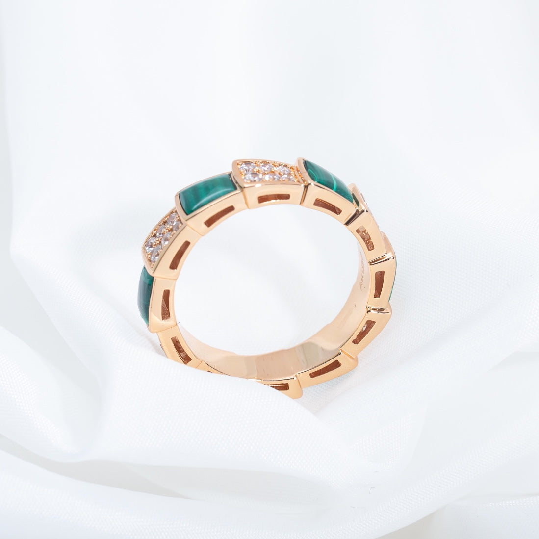 [Auream]SERPENTI RING PINK GOLD MALACHITE DIAMOND PAVED 4MM