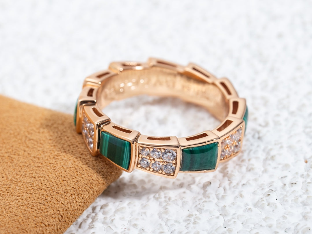 [Auream]SERPENTI RING PINK GOLD MALACHITE DIAMOND PAVED 4MM