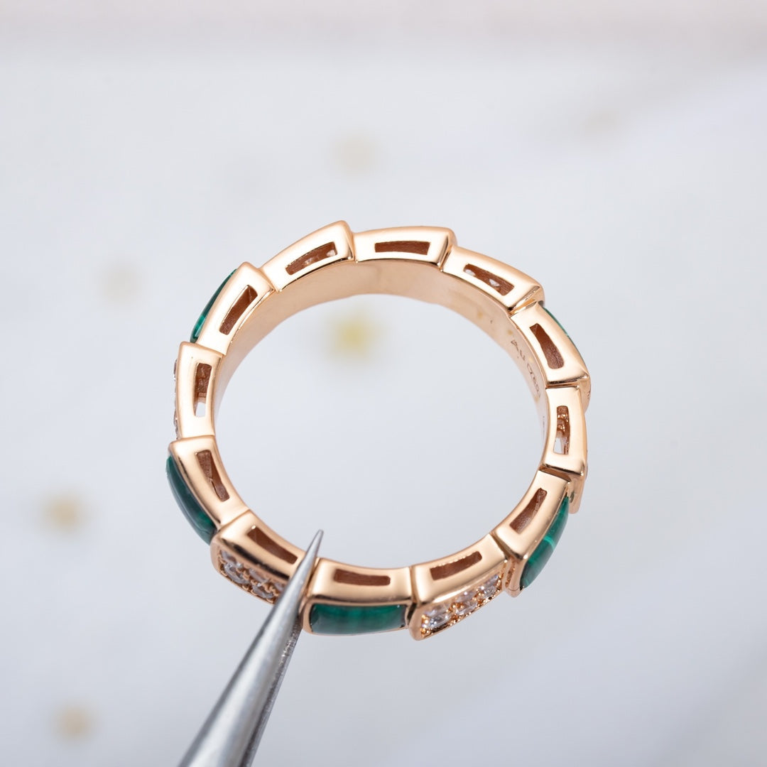 [Auream]SERPENTI RING PINK GOLD MALACHITE DIAMOND PAVED 4MM
