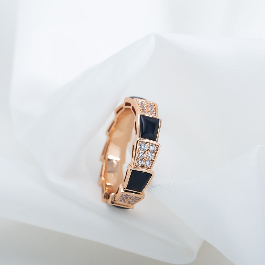 [Auream]SERPENTI RING PINK GOLD BLACK MOP DIAMOND PAVED 4MM