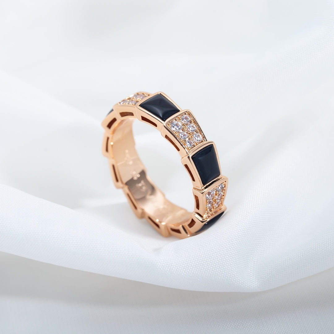[Auream]SERPENTI RING PINK GOLD BLACK MOP DIAMOND PAVED 4MM