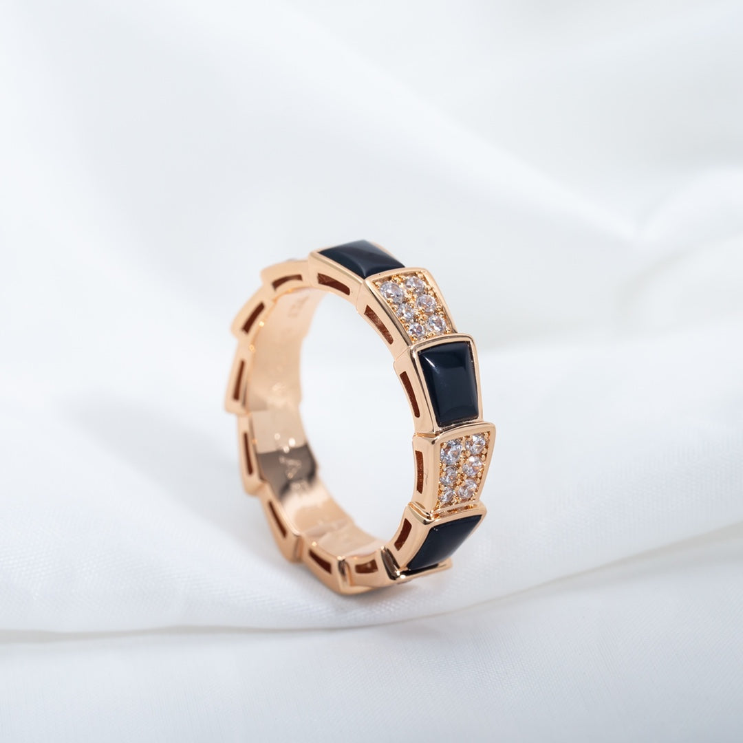 [Auream]SERPENTI RING PINK GOLD BLACK MOP DIAMOND PAVED 4MM