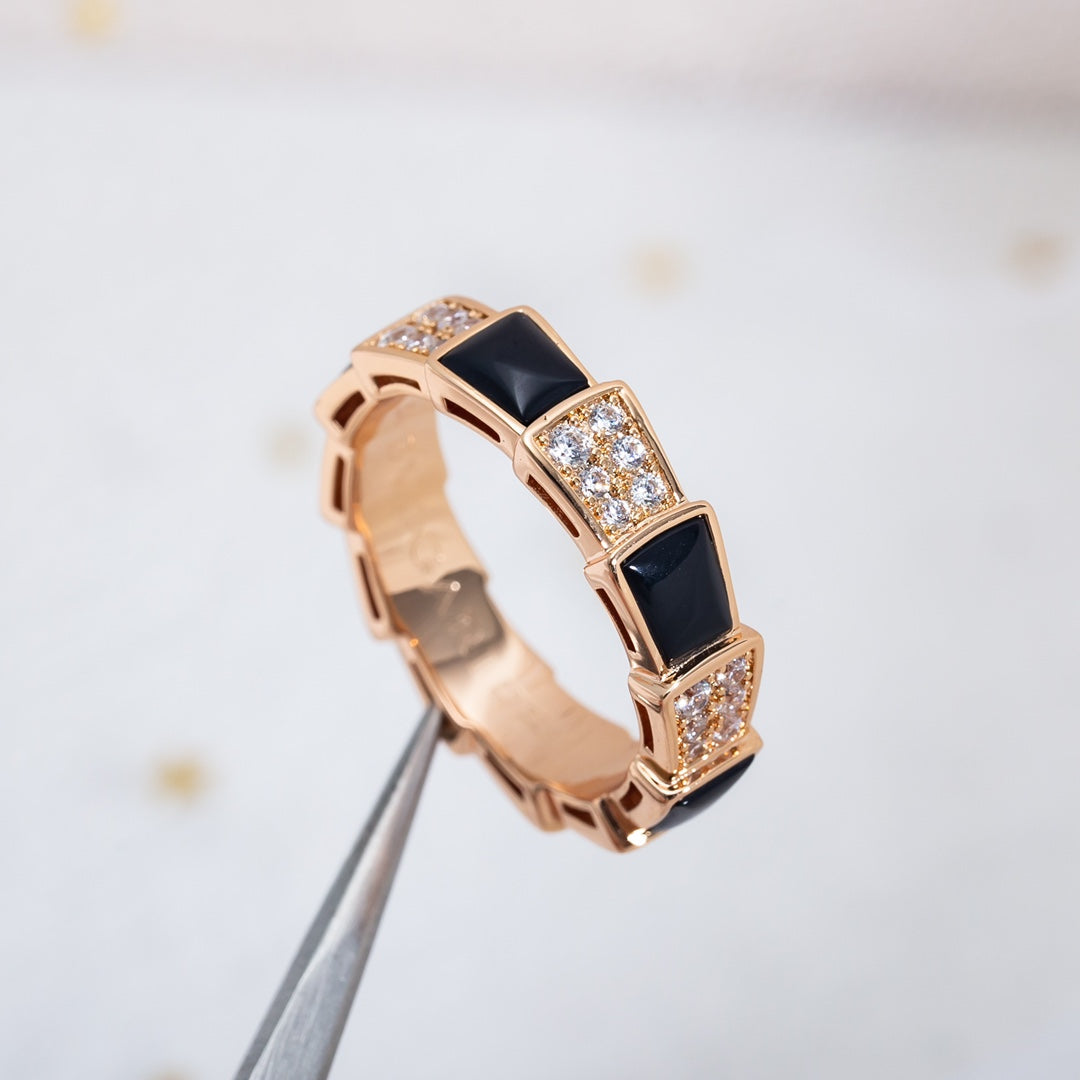 [Auream]SERPENTI RING PINK GOLD BLACK MOP DIAMOND PAVED 4MM
