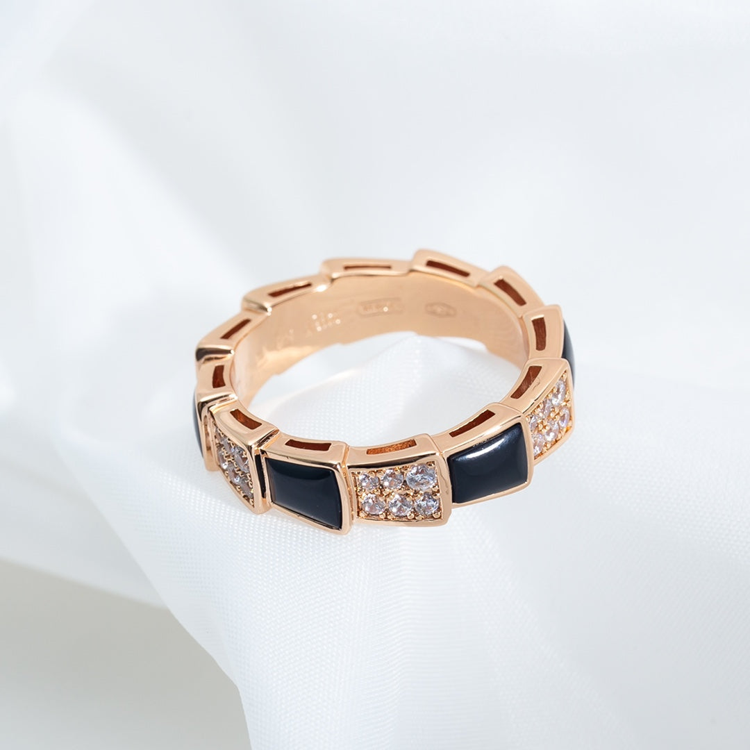 [Auream]SERPENTI RING PINK GOLD BLACK MOP DIAMOND PAVED 4MM