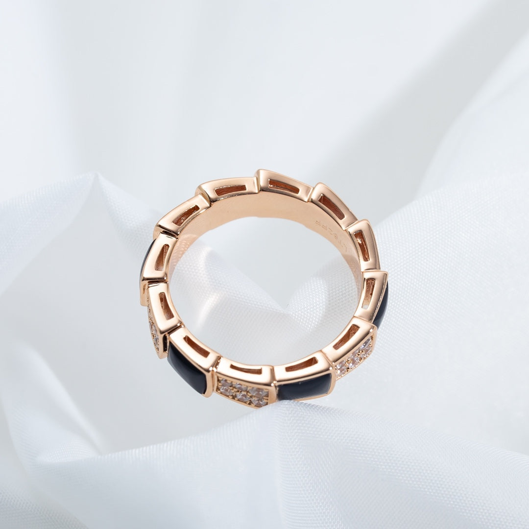 [Auream]SERPENTI RING PINK GOLD BLACK MOP DIAMOND PAVED 4MM