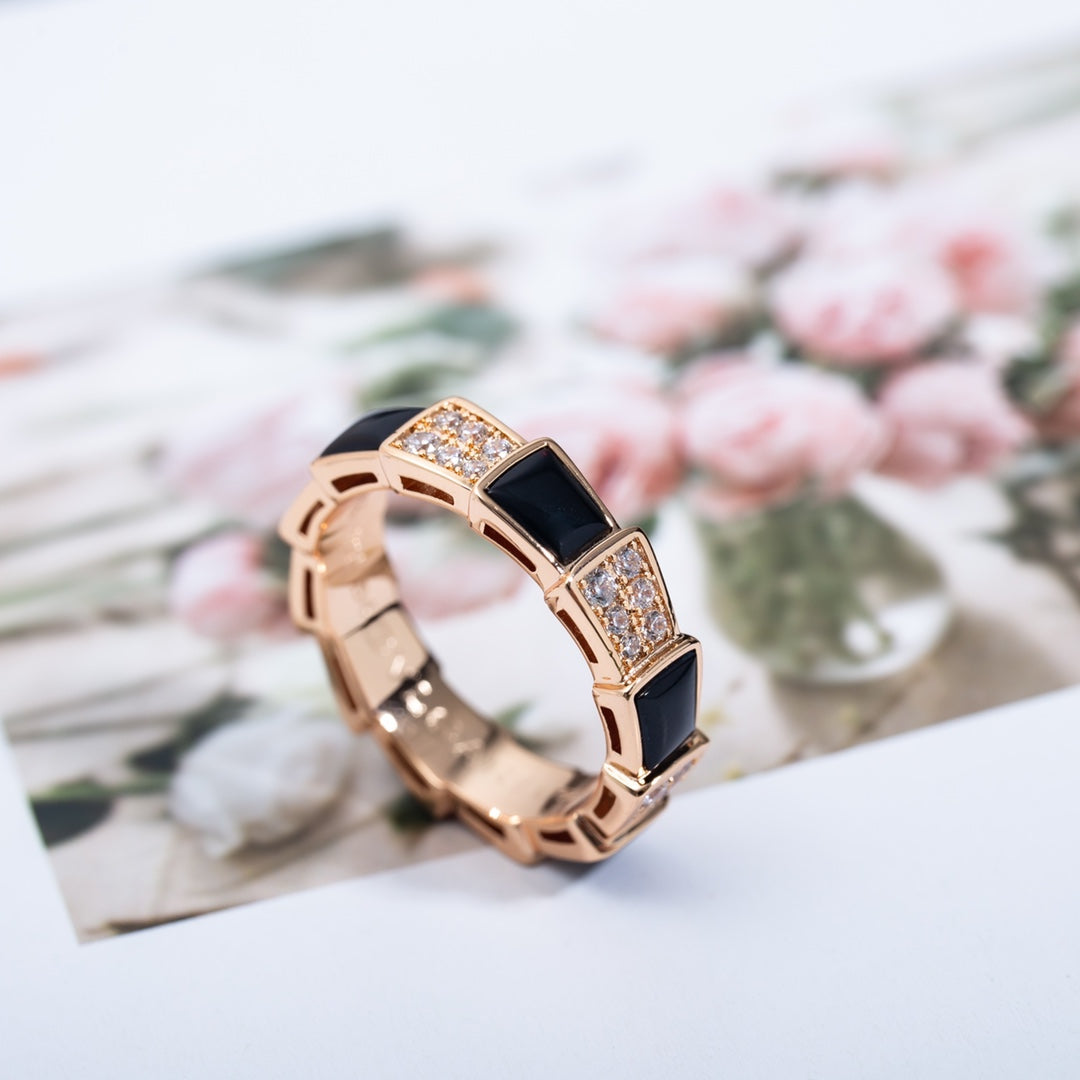 [Auream]SERPENTI RING PINK GOLD BLACK MOP DIAMOND PAVED 4MM