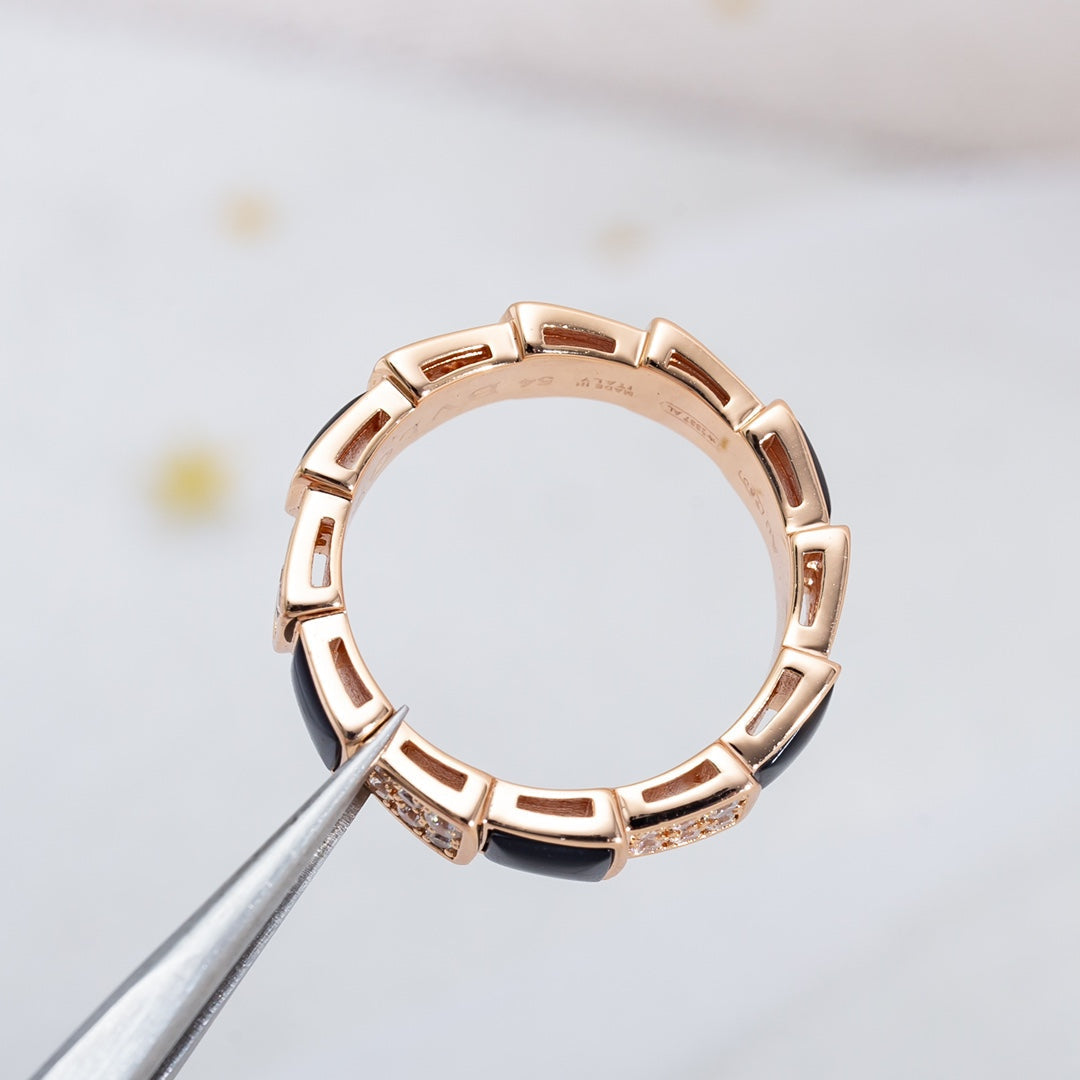 [Auream]SERPENTI RING PINK GOLD BLACK MOP DIAMOND PAVED 4MM