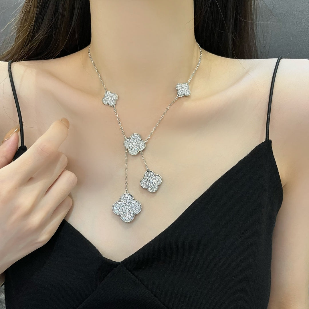 [Auream]CLOVER 5 MOTIFS SILVER DIAMONDS NECKLACE