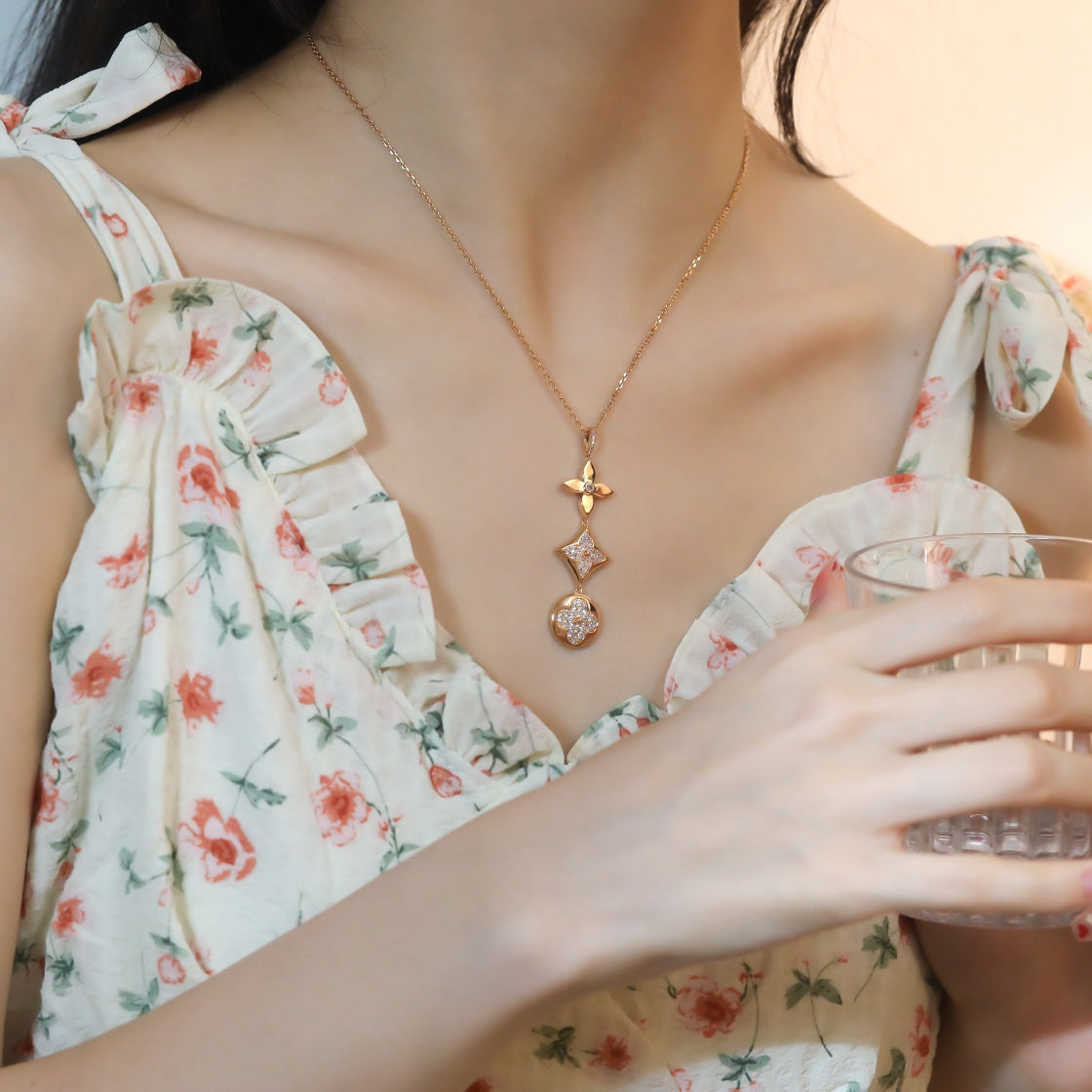 [Auream]STAR AND SUN DIAMOND PINK GOLD NECKLACE
