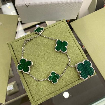 [Auream]CLOVER 5 MOTIFS SIVLER MALACHITE BRACELET