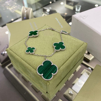 [Auream]CLOVER 5 MOTIFS SIVLER MALACHITE BRACELET