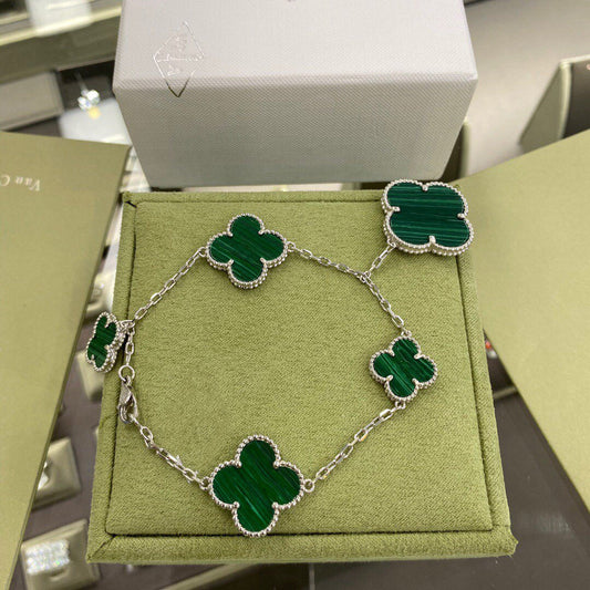 [Auream]CLOVER 5 MOTIFS SIVLER MALACHITE BRACELET