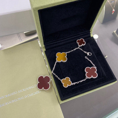[Auream]CLOVER 5 MOTIFS SIVLER CARNELIAN TIGER EYE BRACELET
