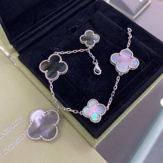 [Auream]CLOVER 5 MOTIFS SIVLER DARK MOP BRACELET