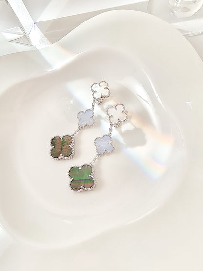 [Auream]CLOVER 3 MOTIFS CHALCEDONY DARK MOP SILVER EARRINGS