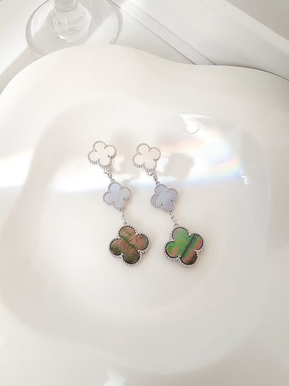 [Auream]CLOVER 3 MOTIFS CHALCEDONY DARK MOP SILVER EARRINGS