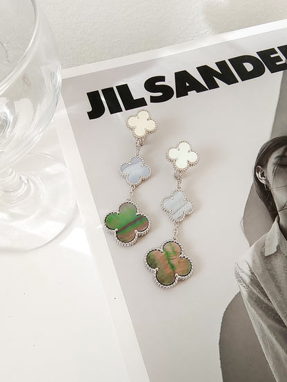 [Auream]CLOVER 3 MOTIFS CHALCEDONY DARK MOP SILVER EARRINGS