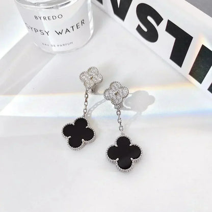[Auream]CLOVER 2 MOTIFS  DIAMOND ONYX EARRINGS SILVER