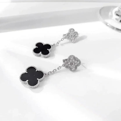 [Auream]CLOVER 2 MOTIFS  DIAMOND ONYX EARRINGS SILVER
