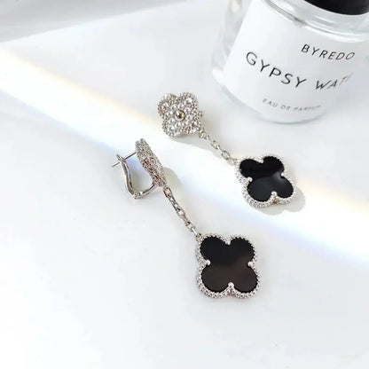 [Auream]CLOVER 2 MOTIFS  DIAMOND ONYX EARRINGS SILVER