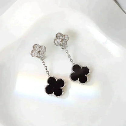 [Auream]CLOVER 2 MOTIFS  DIAMOND ONYX EARRINGS SILVER