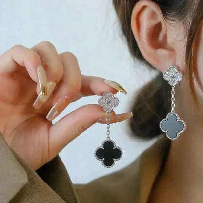 [Auream]CLOVER 2 MOTIFS  DIAMOND ONYX EARRINGS SILVER