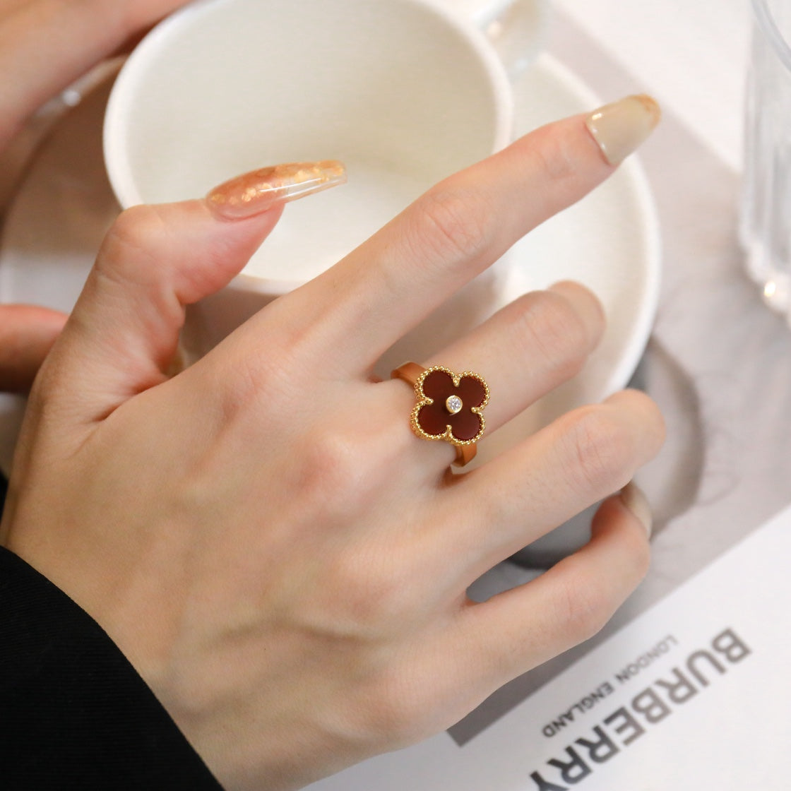 [Auream]CLOVER CARNELIAN RING ROSE GOLD DIAMOND