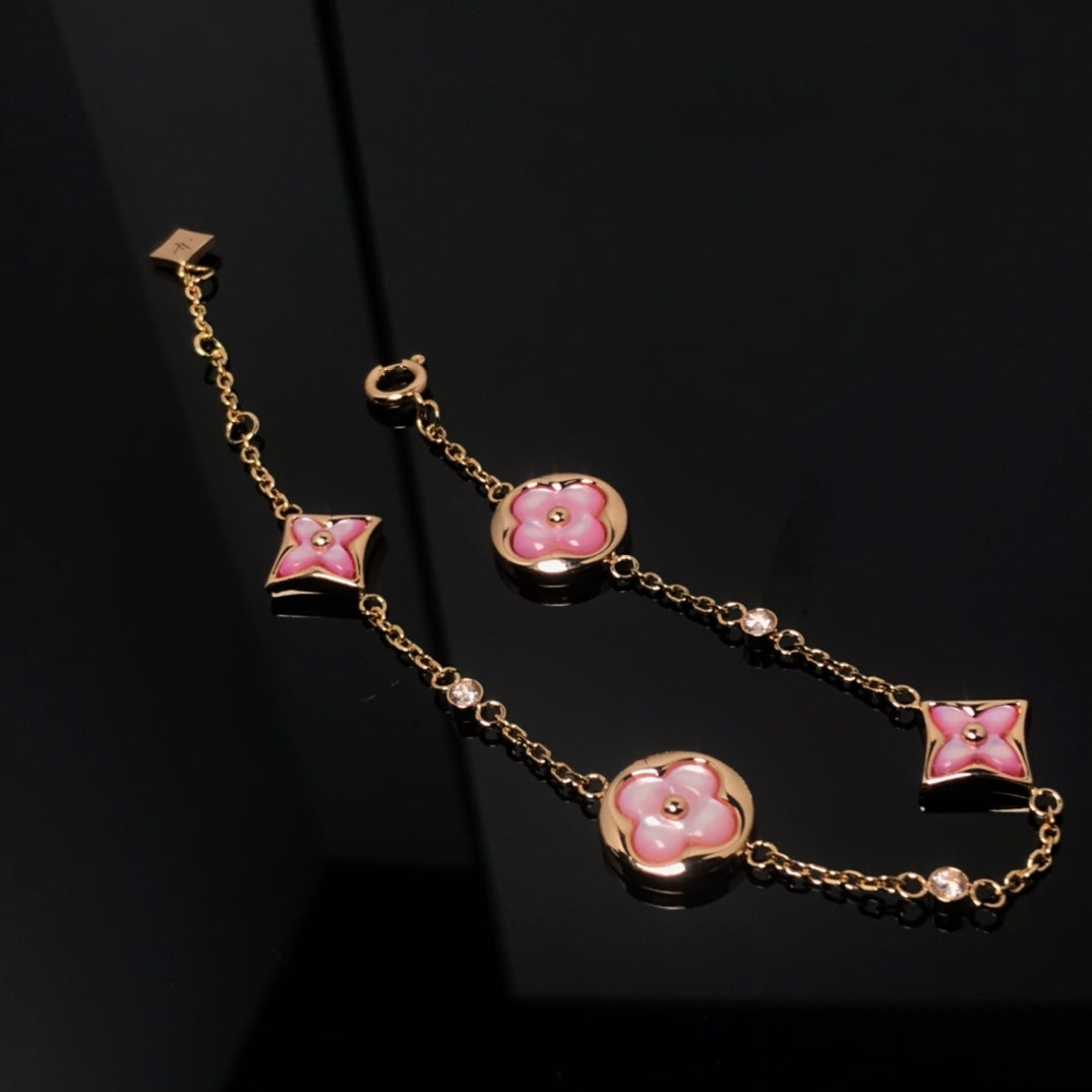 [Auream]STAR AND SUN 4 MOTIF PINK MOP PINK GOLD BRACELET