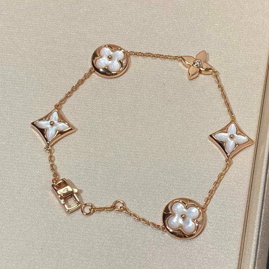 [Auream]STAR AND SUN 5 MOTIF MOP PINK GOLD BRACELET