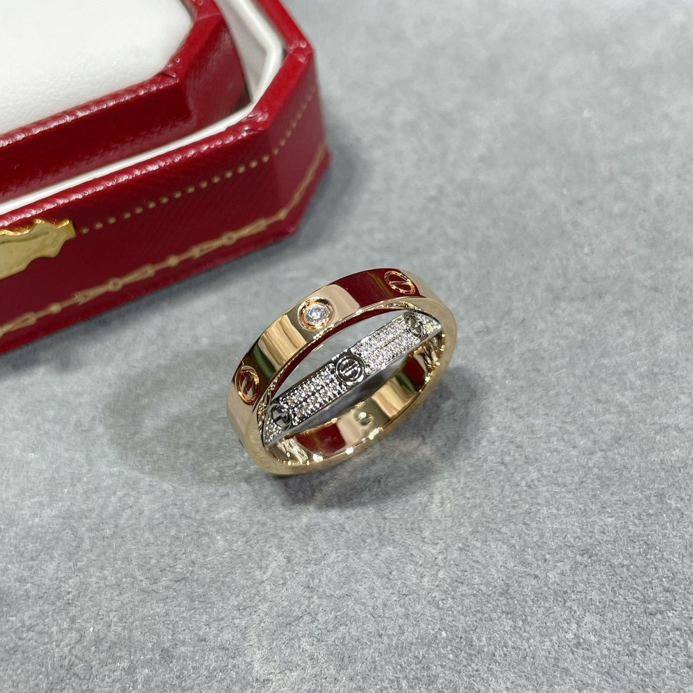[Auream]LOVE PINK GOLD SILVER DIAMOND DOUBLE RING