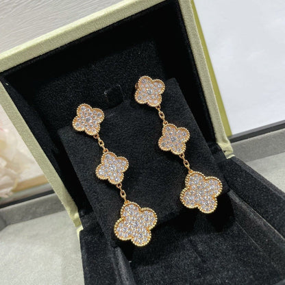 [Auream]CLOVER 3 MOTIFS DIAMOND PAVED ROSE GOLD EARRINGS