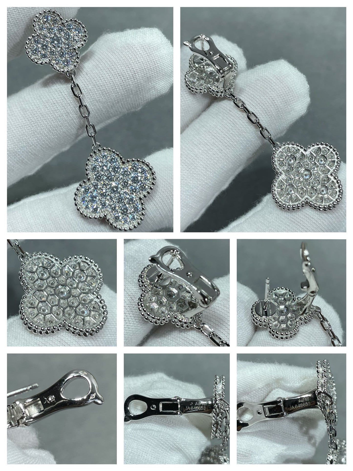 [Auream]CLOVER 2 MOTIFS DIAMOND PAVED SILVER EARRINGS