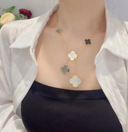 [Auream]CLOVER 6 MOTIF MOP ONYX GOLD NECKLACE