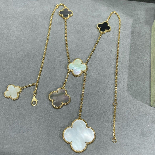 [Auream]CLOVER 6 MOTIF MOP ONYX GOLD NECKLACE