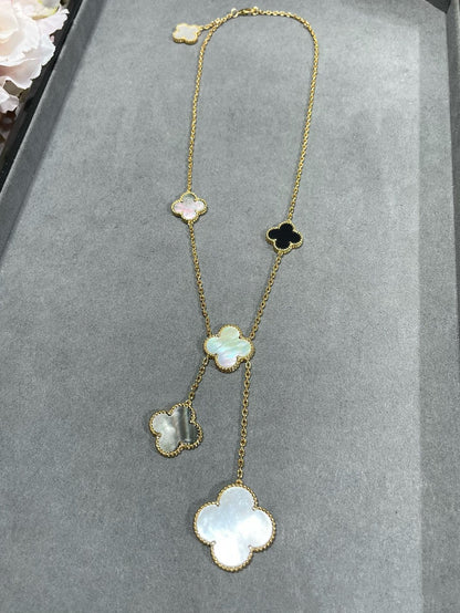 [Auream]CLOVER 6 MOTIF MOP ONYX GOLD NECKLACE