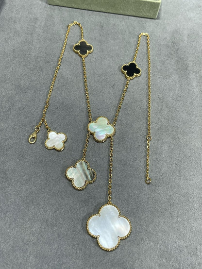 [Auream]CLOVER 6 MOTIF MOP ONYX GOLD NECKLACE