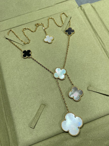 [Auream]CLOVER 6 MOTIF MOP ONYX GOLD NECKLACE
