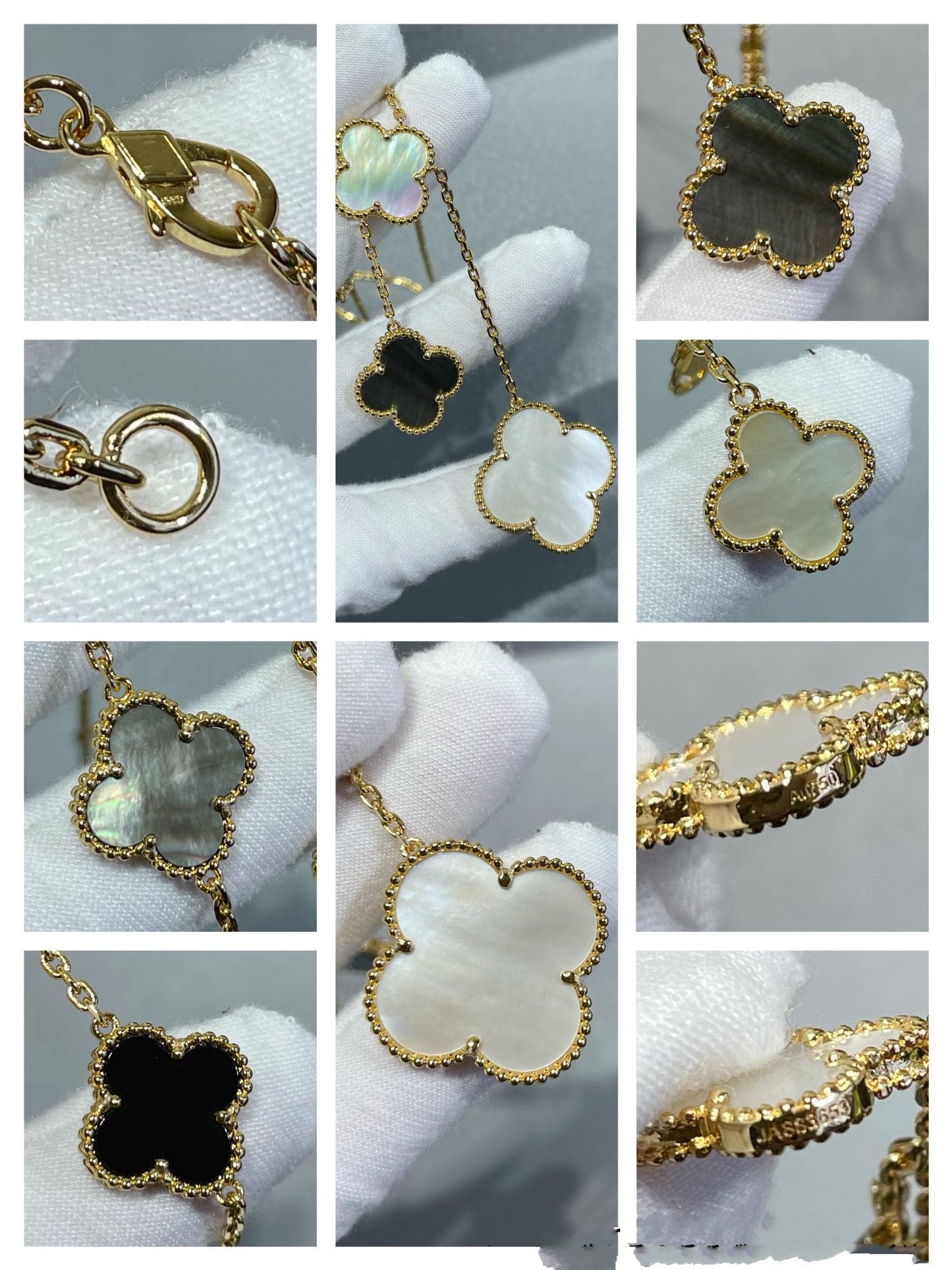 [Auream]CLOVER 6 MOTIF MOP ONYX GOLD NECKLACE