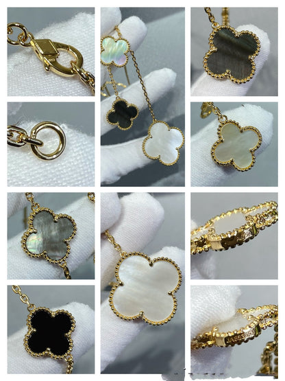 [Auream]CLOVER 6 MOTIF MOP ONYX GOLD NECKLACE