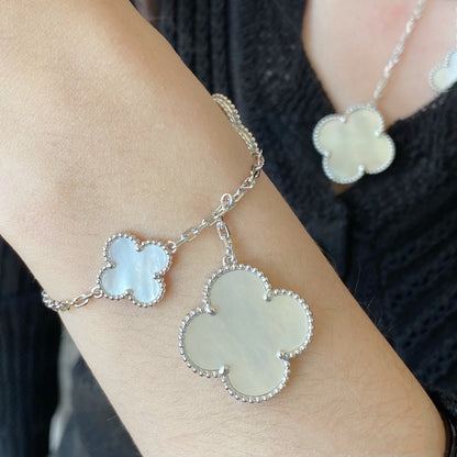 [Auream]CLOVER 5 MOTIF WHITE MOP SILVER BRACELET