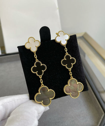 [Auream]CLOVER 3 MOTIF MOP ONYX DARK MOP PINK GOLD EARRINGS
