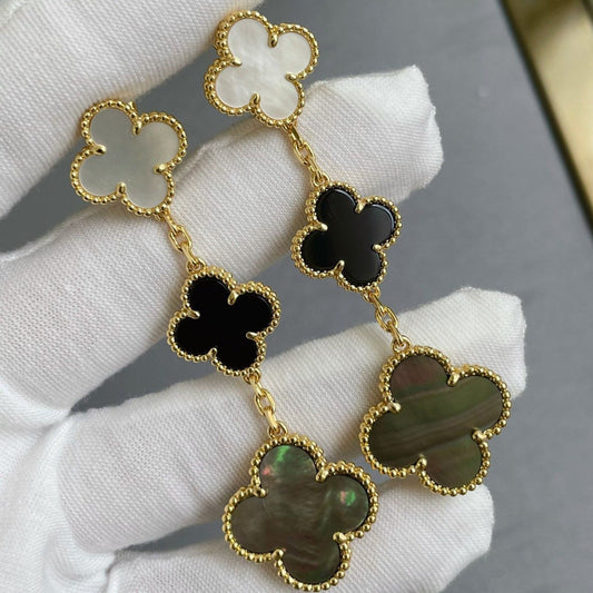 [Auream]CLOVER 3 MOTIF MOP ONYX DARK MOP PINK GOLD EARRINGS