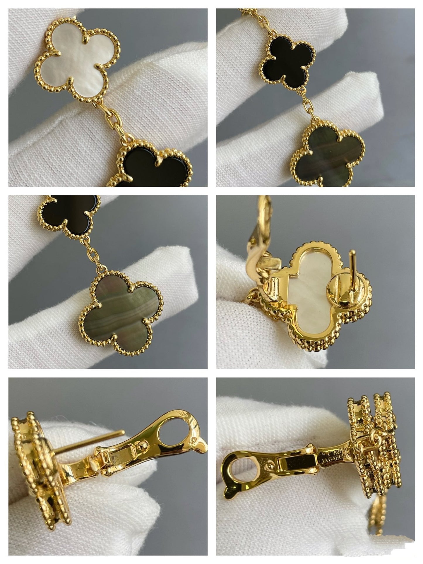 [Auream]CLOVER 3 MOTIF MOP ONYX DARK MOP PINK GOLD EARRINGS