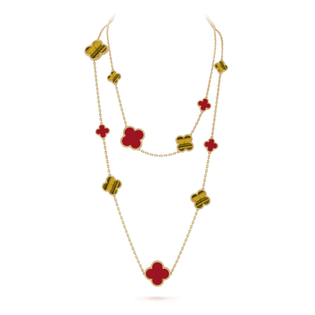 [Auream]CLOVER 16 MOTIF CARNELIAN TIGER EYE ROSE GOLD NECKLACE