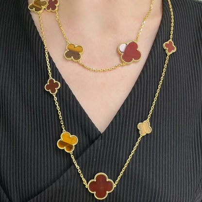 [Auream]CLOVER 16 MOTIF CARNELIAN TIGER EYE ROSE GOLD NECKLACE