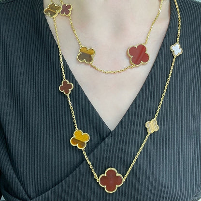 [Auream]CLOVER 16 MOTIF CARNELIAN TIGER EYE ROSE GOLD NECKLACE
